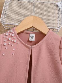 SHEIN Young Girl Pearls Beaded Gigot Sleeve Open Front Jacket,In Fall/Winter - Pink - View 4