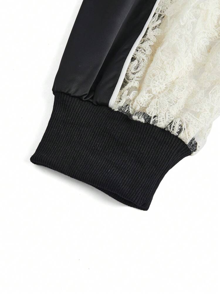 Plus Contrast Lace Zip Up Bomber Jacket