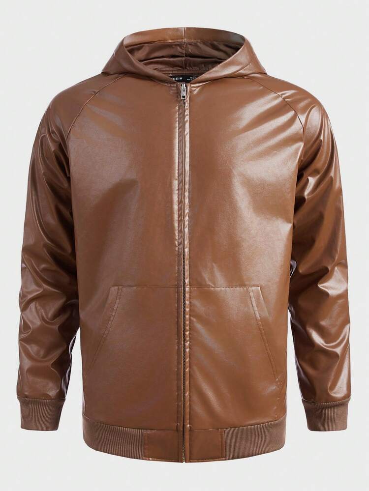 Men Zip Up Hooded Raglan Sleeve PU Leather Jacket