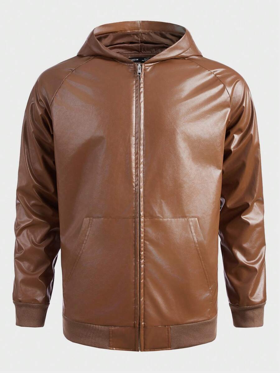 Manfinity VCAY 男士拉鏈開襟連帽插肩袖PU皮革夾克 - 棕色 - 查看 1