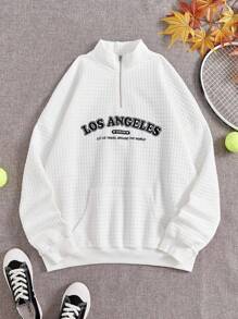 SHEIN EZwear Hơn Thêu Chữ Túi kangaroo Thả vai Áo nỉ - trắng - Xem 1