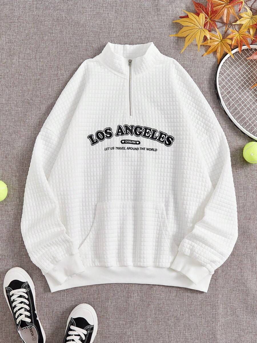 SHEIN EZwear Hơn Thêu Chữ Túi kangaroo Thả vai Áo nỉ - trắng - Xem 1