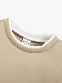 SHEIN Baby Boy Color Blocked Drop Shoulder Decor Zipper Detail Long Sleeve Top With Drawstring Cuffed Joggers Set - Khaki - View 7