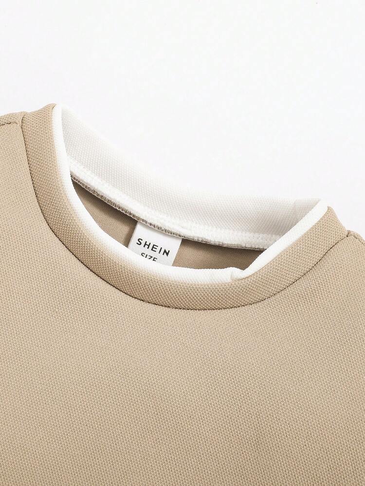 SHEIN Baby Boy Color Blocked Drop Shoulder Decor Zipper Detail Long Sleeve Top With Drawstring Cuffed Joggers Set - Khaki - View 7