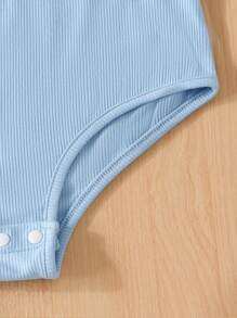 SHEIN Tween Girl Knitted Solid Color Jumpsuit, Short Sleeve, Casual Style, Light Blue, Spring/Summer - Baby Blue - View 4