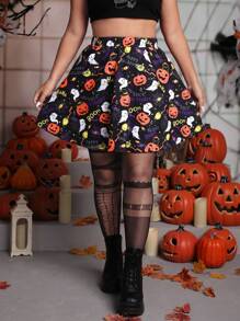 SHEIN EZwear Plus Size Women Halloween Pumpkin Ghost Print Skirt, Halloween Costume