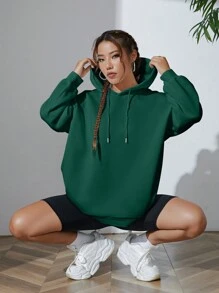 SHEIN EZwear 素色抽繩落肩袖連帽衫 - 墨綠色 - 查看 7