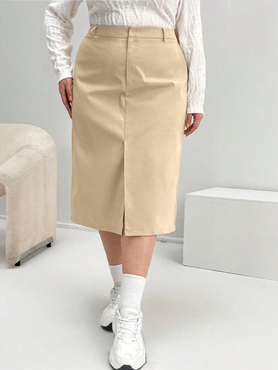 SHEIN Essnce Plus High Waist Split Hem Straight Skirt - Apricot - View 1