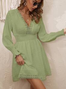 SHEIN VCAY Chấm Swiss Chèn ren Guipure Tay áo lồng đèn Đầm - màu xanh lá - Xem 5