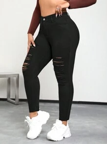 SHEIN ICON 大碼高腰破洞緊身牛仔褲 - 黑色 - 查看 1