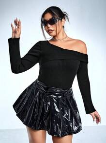 SHEIN ICON Talla grande Jersey de cuello asimétrico tejido de canalé - Negro - Ver 5