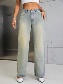 SHEIN EZwear 中腰直筒牛仔褲 - 淺色水洗藍 - 查看 5