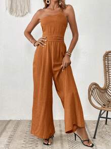 SHEIN VCAY Solid Wide Leg Cami Jumpsuit - Rust Brown - View 7