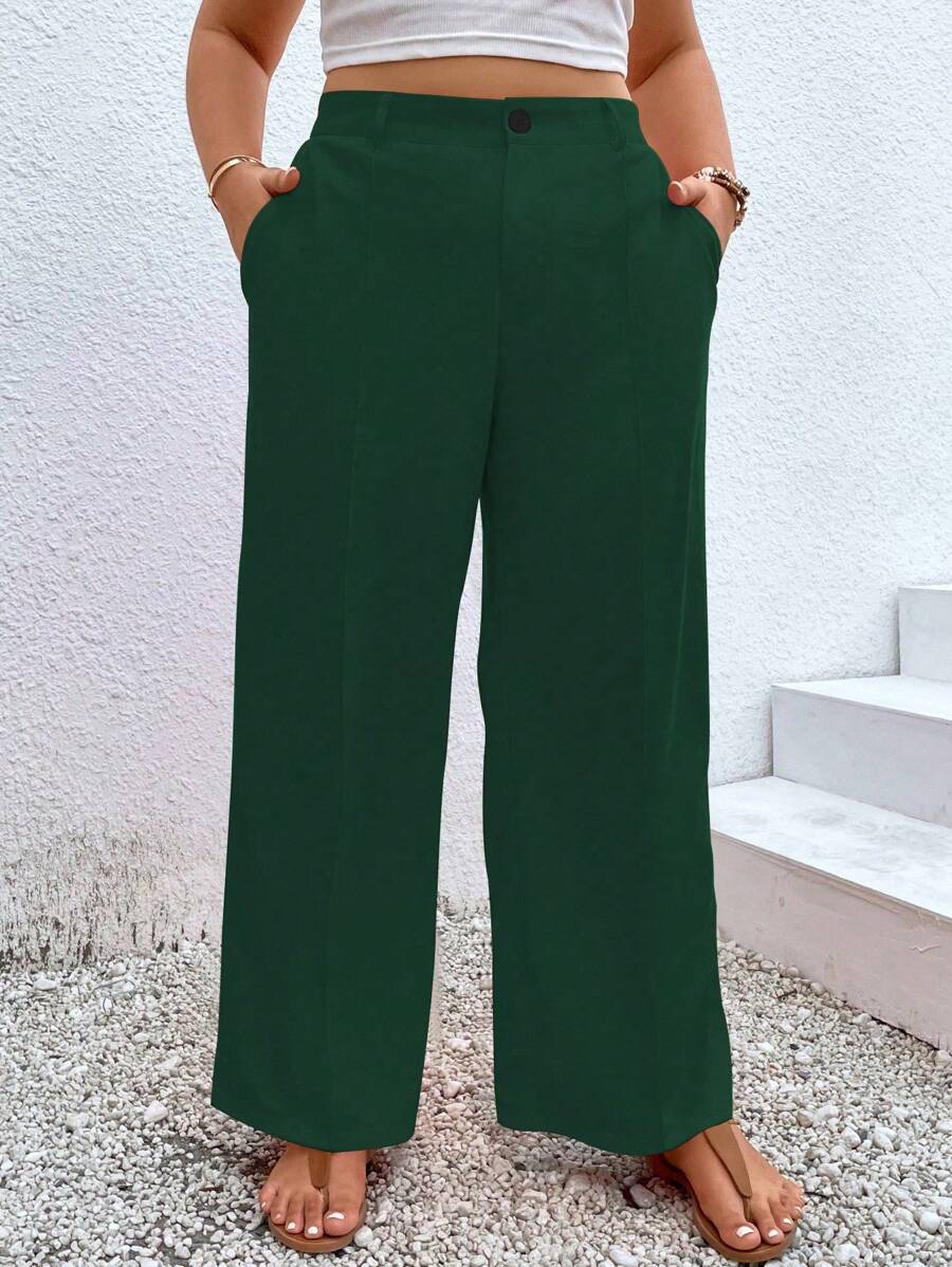 Calvaya 大碼素色斜口袋闊腿褲 - 墨綠色 - 查看 1