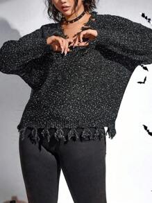 Flirla Plus Halloween Drop Shoulder Distressed Sweater Knit Pullover Fall Winter Outfit - Black - View 1