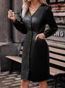 SHEIN Clasi Nút phía trước chất liệu da PU Đầm Không có thắt lưng - màu đen - Xem 3