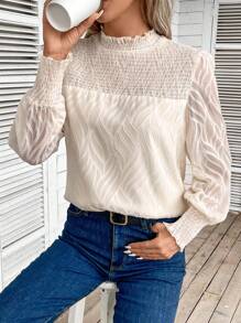 SHEIN Frenchy Frill Trim Lantern Sleeve Blouse - Apricot - View 3