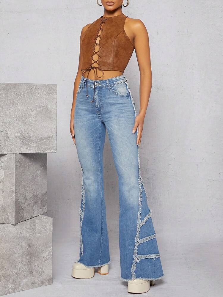 Slant Pocket Frayed Edge Flare Leg Jeans