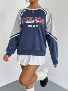 SHEIN Qutie Đồ họa Chữ cái Tay Raglan Áo nỉ - Nhiều màu - Xem 5