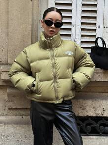 DAZY Letter Graphic Zip Up Padded Thick Pockets Coat, Women Winter Coat - Green - View 9