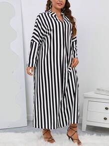 EMERY ROSE Plus Striped Print Notch Neck Dress - Black and White - View 1