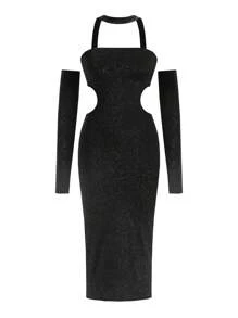 SHEIN BAE 鏤空金屬亮絲緊身連衣裙附項圈 - 黑色 - 查看 8