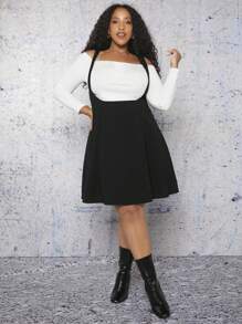 SHEIN CURVE+ Plus Solid Overall Dress Without Tee - Black - View 4