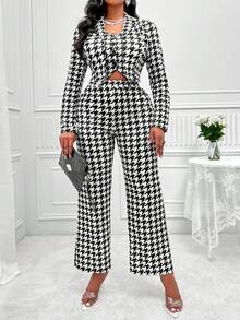 SHEIN Slayr Random Houndstooth Print Blazer & Vest & Wide Leg Pants - Black and White - View 3