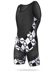 Men Checker & Bat Print Contrast Mesh One Piece Loungewear, Halloween - Black and White - View 1