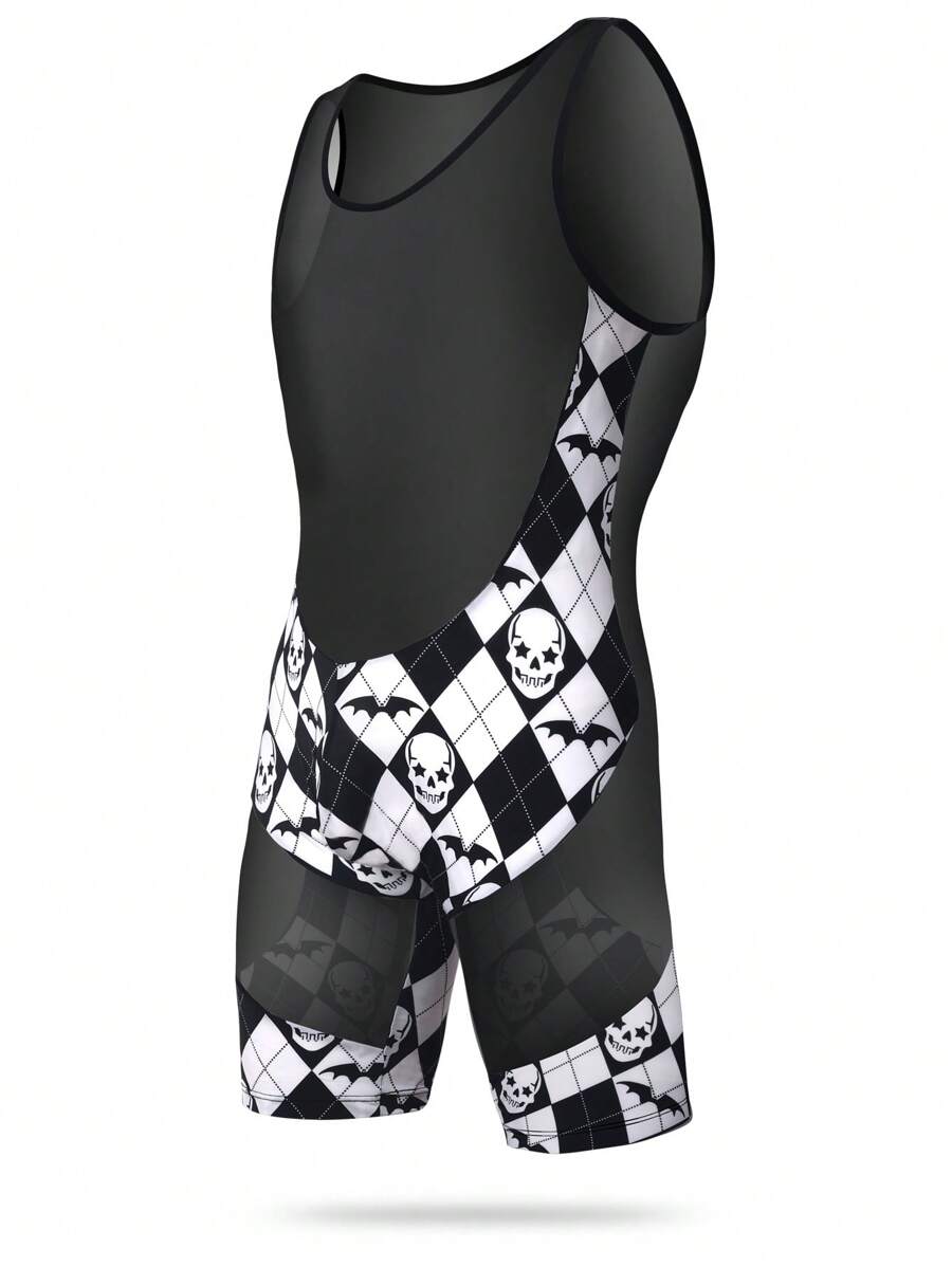 Men Checker & Bat Print Contrast Mesh One Piece Loungewear, Halloween - Black and White - View 1