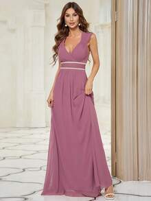 EVERPRETTY Plunging Neck Pearls Beaded Chiffon Bridesmaid Dress - Dusty Pink - View 4