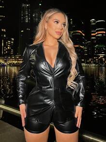 Zolique Shawl Collar PU Leather Blazer Fall Cloth For Women - Black - View 1