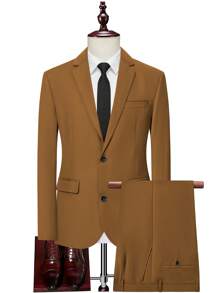 Manfinity Mode 男士1入組單排釦西裝外套&1入組西裝褲 - 咖啡棕 - 查看 1
