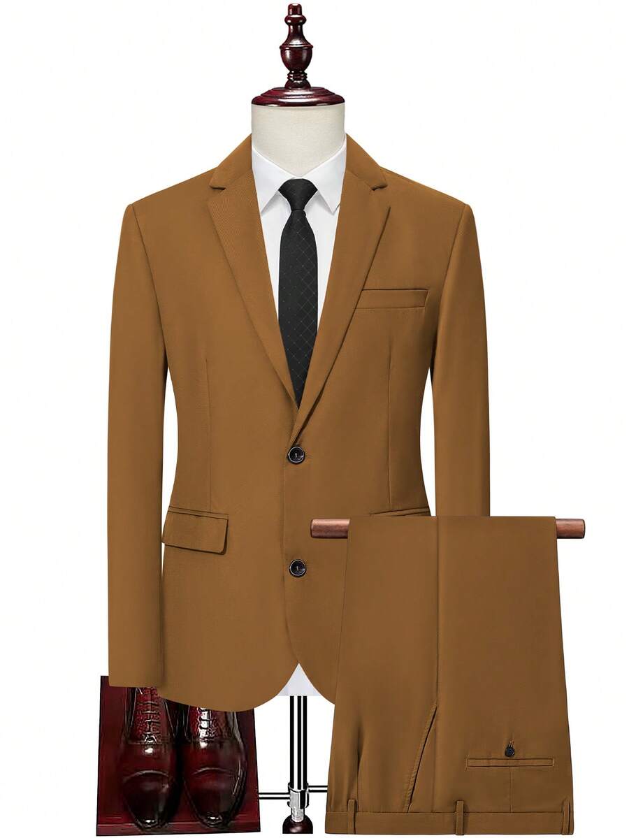 Manfinity Mode 男士1入組單排釦西裝外套&1入組西裝褲 - 咖啡棕 - 查看 1