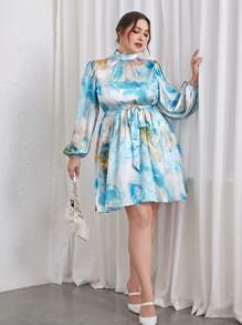 SHEIN Privé 大碼大理石圖案小高領燈籠袖繫腰帶洋裝 - 藍色 - 查看 5