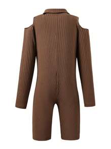 SHEIN Tween Girl Cold Shoulder Button Front Rib-knit Unitard Romper Without Bag - Khaki - View 2