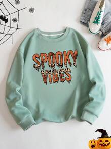 SHEIN EZwear Plus Letter and Leopard Print Thermal Lined Sweatshirt - Mint Green - View 1