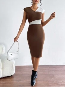 SHEIN Essnce Khối màu Cổ v Váy bodycon - màu nâu - Xem 5