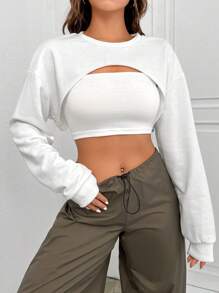Muchica Solid Drop Shoulder Super Crop Sweatshirt Without Cami Top - White - View 3