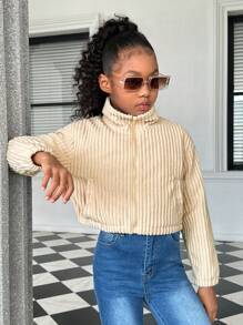SHEIN Tween Girl Zip Up Drop Shoulder Corduroy Jacket - Beige - View 3