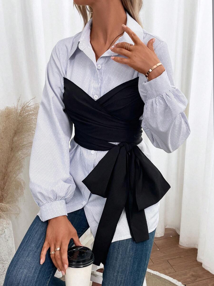 Chiquease Striped Print Knot Side 2 In 1 Shirt - Black and White - View 1