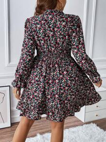 SHEIN Franclia Plus Ditsy Floral Print Flounce Sleeve Ruffle Hem Dress - Multicolor - View 2