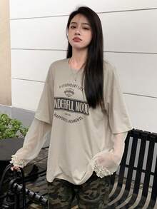 DAZY Letter Graphic Drop Shoulder Tee - Khaki - View 3