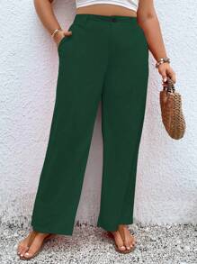 Calvaya 大碼素色斜口袋闊腿褲 - 墨綠色 - 查看 3