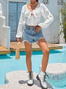 Soleia Frill Trim Knot Front Lantern Sleeve Crop Blouse - White - View 6