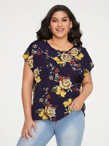 SHEIN LUNE Hơn In hoa tay cánh Áo sơ mi - Màu xanh hải quân - Xem 1