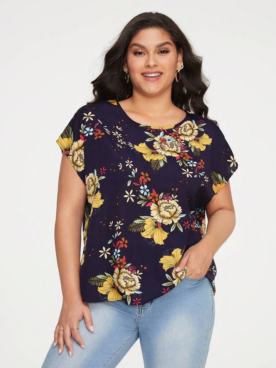 SHEIN LUNE Hơn In hoa tay cánh Áo sơ mi - Màu xanh hải quân - Xem 1