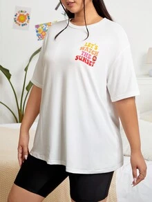 SHEIN Qutie Talla grande Camiseta de hombros caídos con estampado de slogan - Blanco - Ver 5