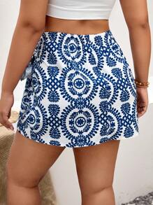 SHEIN VCAY Plus Allover Print Knot Side Summer Skirt - Blue and White - View 2