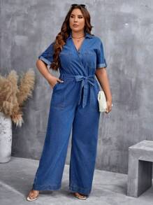 SHEIN LUNE 大碼補丁貼口袋腰帶牛仔連身褲